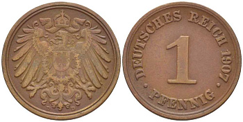 ГЕРМАНИЯ 1 ПФЕННИГ 1907 D KM 10, J. 10, Weege 2 медь 211-358