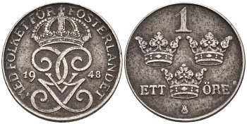 Швеция 1 эре 1948 Густав V (1907-1950) KM 810 железо 4585-324