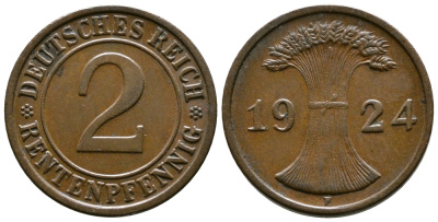 ГЕРМАНИЯ 2 РЕНТЕНПФЕННИГА 1924 F KM 31, J.307 бронза 86-1352