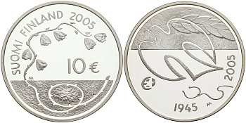 Финляндия 10 евро 2005 60 лет мира в Европе, голубь мира KM 120 серебро  PROOF  1098-3-14