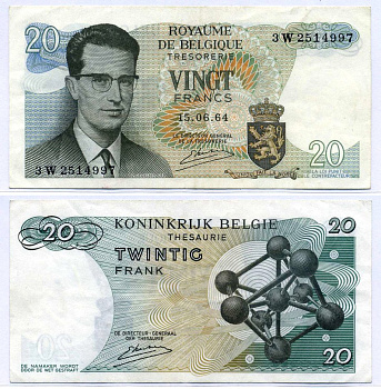 Бельгия 20 франков 1964 Бодуэн I, атомиум, Kestens Pick 138 (3) бумага 6280-5-4-2
