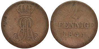 Ганновер 2 пфеннига 1844 A, Эрнст Август (1837-1851) KM 174.1, AKS 122, J. 55 медь 75-1755