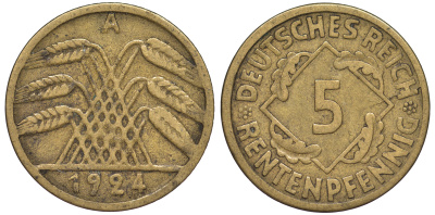 Германия 5 рентенпфеннигов 1924 A KM 32, J. 308 алюминиевая бронза 4602-741