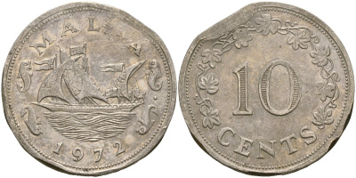 Мальта 10 центов 1972 баржа Великого магистра KM 11 медно-никель 4137-821