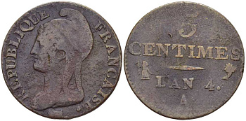 ФРАНЦИЯ 5 САНТИМОВ 1795 А, ДИРЕКТОРИЯ (1795-1799) LAN 4 KM 635.1 (С131.1) бронза 117-847