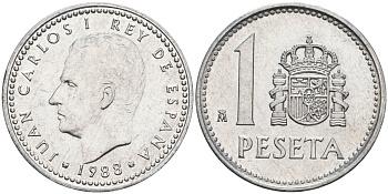 Испания 1 песета 1988 M, Хуан Карлос I (1975-2014) KM 821 алюминий 4448-213