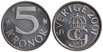 Швеция 5 крон 2001 B, Карл XVI Густав (1973- ) KM 853a медно-никель PROOFLIKE 59-232