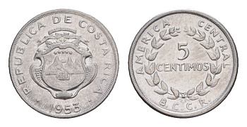 Коста-Рика 5 сентимо 1953 KM 184.1a нержавеющая сталь UNC 4644-319