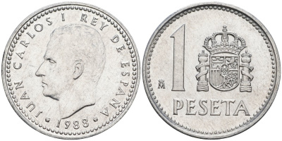 Испания 1 песета 1988 M, Хуан Карлос I (1975-2014) KM 821 алюминий 4448-213