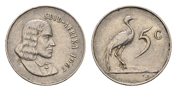 ЮАР 5 центов 1967 Ян ван Рибек (1619-1677), Suid Africa, легенда на африкаанс, райский журавль KM 67.2 медно-никель 4694-424