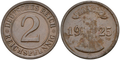 Германия 2 рейхспфеннига 1925 G KM 38, J.314, Weege 4 медь 4584-711