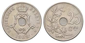 Бельгия 25 сантимов 1908 Belgie KM 63 медно-никель 3996-631