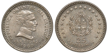 Уругвай 25 сентесимо 1960 KM 40 медно-никель 4169-1027