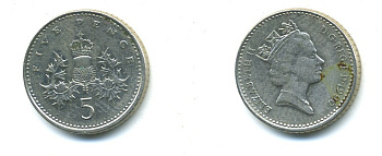 Великобритания 5 пенсов 1990 Елизавета II (1952-2022) KM 937b, Spink 4372 (D4) медно-никель 54-125
