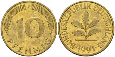 ФРГ 10 пфеннигов 1991 F KM 108, J. 383 сталь плакированная латунью 4175-1043