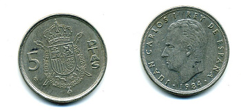 ИСПАНИЯ 5 ПЕСЕТ 1984 ХУАН КАРЛОС I (1975-) KM 823 медно-никель 51-4542