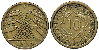 Германия 10 рентенпфеннигов 1924 F KM 33, J. 309, Weege 8 алюминиевая бронза 72-1532