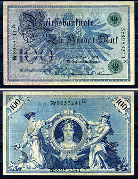 Германия 100 марок 1908 7 февраля 1908, выпуск конец 1916 - ноябрь 1918, зеленая печать Pick 34 бумага 8619-34-2-1