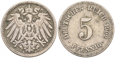 ГЕРМАНИЯ 5 ПФЕННИГОВ 1902 A, KM 11, J. 12 медно-никель 73-1565