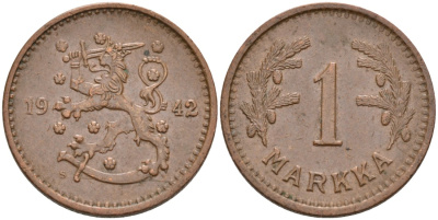 ФИНЛЯНДИЯ 1 МАРКА 1942 S KM 30а медь 4563-645