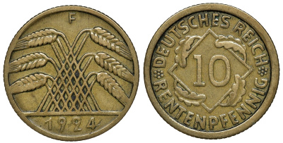 Германия 10 рентенпфеннигов 1924 F KM 33, J. 309, Weege 8 алюминиевая бронза 72-1532