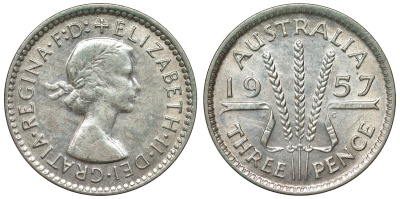 Австралия 3 пенса 1957 m, Елизавета II (1952-2022) KM 57 серебро 71-522