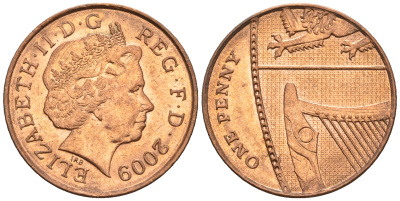 Великобритания 1 пенни 2009 Елизавета II (1952-2022) KM 1107, Spink B6 сталь плакированная медью 4609-664