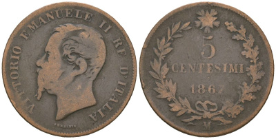 Италия 5 чентезимо 1867 M, Виктор Эммануил II (1861-1878) KM 3.2 бронза 113-242