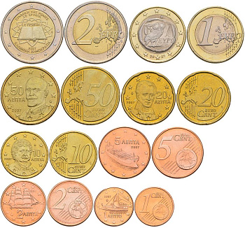 ГРЕЦИЯ ЕВРОНАБОР ИЗ 8 МОНЕТ 2007 1, 2, 5, 10, 20, 50 ЕВРОЦЕНТОВ, 1 И 2 ЕВРО UNC 68-921