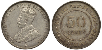 Стрейтс-Сетлментс 50 центов 1920 Георг V (1910-1936) KM 35.1 серебро 1521-223