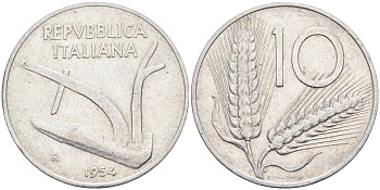 Италия 10 лир 1954 R, плуг KM 93 алюминий    4595-146