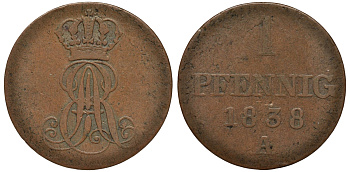 Ганновер 1 пфенниг 1838 A, Эрнст Август (1837-1851) KM 173.1, AKS 126, J. 54 медь 75-529
