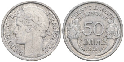 ФРАНЦИЯ 50 САНТИМОВ 1941 ТИП MORLON LOURDE KM 894.1a, LE FRANC 193.2 алюминий 44-225