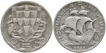 Португалия 2,50 эскудо 1943 парусник КМ 580 серебро 202-356