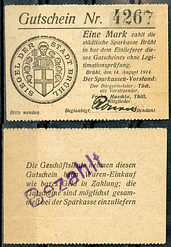 Германия, Брюль 1 марка 1914 нотгельд, 1914/1915 Diessner 52.8.a бумага UNC (пресс) 8614-45-2-2