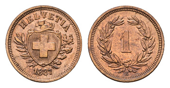 Швейцария 1 раппен 1887 B KM 3.1 бронза 1530-1341