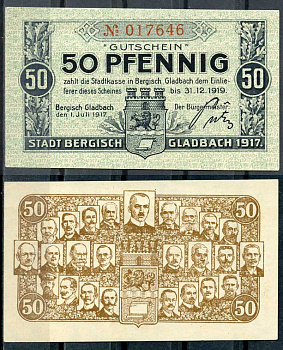 Бергиш-Гладбах 50 пфеннигов 1917 Tieste 0445 05 .03 бумага 8614-20-2-1