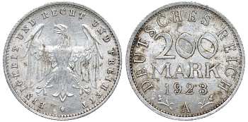 Германия 200 марок 1923 A KM 35, J. 304, Weege 22 алюминий 4604-542