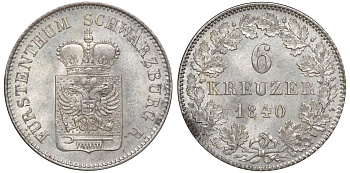 Шварцбург-Рудольштадт 6 крейцеров 1840 Фридрих Гюнтер (1807-1867) KM 162 серебро  UNC  00-811-18
