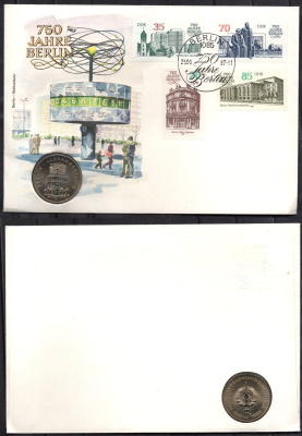 ГДР 5 марок 1987 750 лет Берлину, Александрплац, в конверте с маркой (КПД - Конверт первого дня Гашения) KM 116 медь цинк никель UNC 9000-44