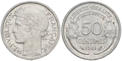 ФРАНЦИЯ 50 САНТИМОВ 1941 ТИП MORLON LOURDE KM 894.1a, LE FRANC 193.2 алюминий 44-211