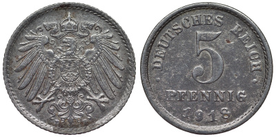 Германия 5 пфеннигов 1918 E KM 19, J. 297, Weege 5 железо 4118-1221