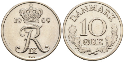 Дания 10 эре 1969 C,S, Фредерик IX (1947-1972) KM 849.1 медно-никель 4564-845