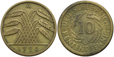 Германия 10 рентенпфеннигов 1924 A KM 33 алюминиевая бронза 4163-746