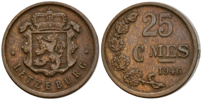 Люксембург 25 сантимов 1946 Шарлотта (1918-1964) KM 45 бронза 4115-1127