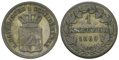 Бавария 1 крейцер 1869 Людвиг II (1864-1886) KM 873, AKS 183 серебро 54-829