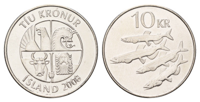 Исландия 10 крон 2008 рыбы KM 29.1a сталь плакированная никелем UNC 4691-316