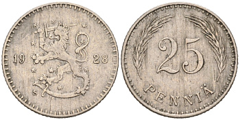 ФИНЛЯНДИЯ 25 ПЕННИ 1928 S KM 25 медно-никель 192-1154