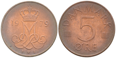 ДАНИЯ 5 ЭРЕ 1979 B; B, МАРГРЕТЕ II (1972-) KM 859.2 железо плакированное медью UNC 187-626