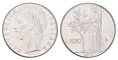 Италия 100 лир 1977 R, Афина у оливкового дерева KM 96.1 нержавеющая сталь 186-1043